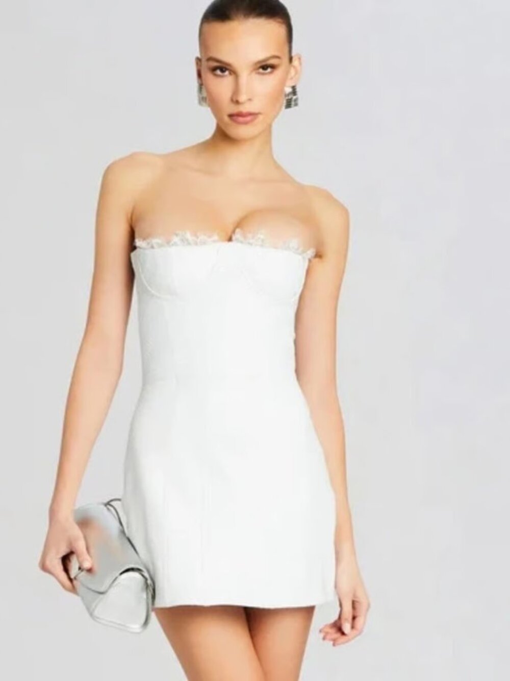 Retrofete Amberly Snake Leather White Strapless Lace-Trim Mini Dress Medium